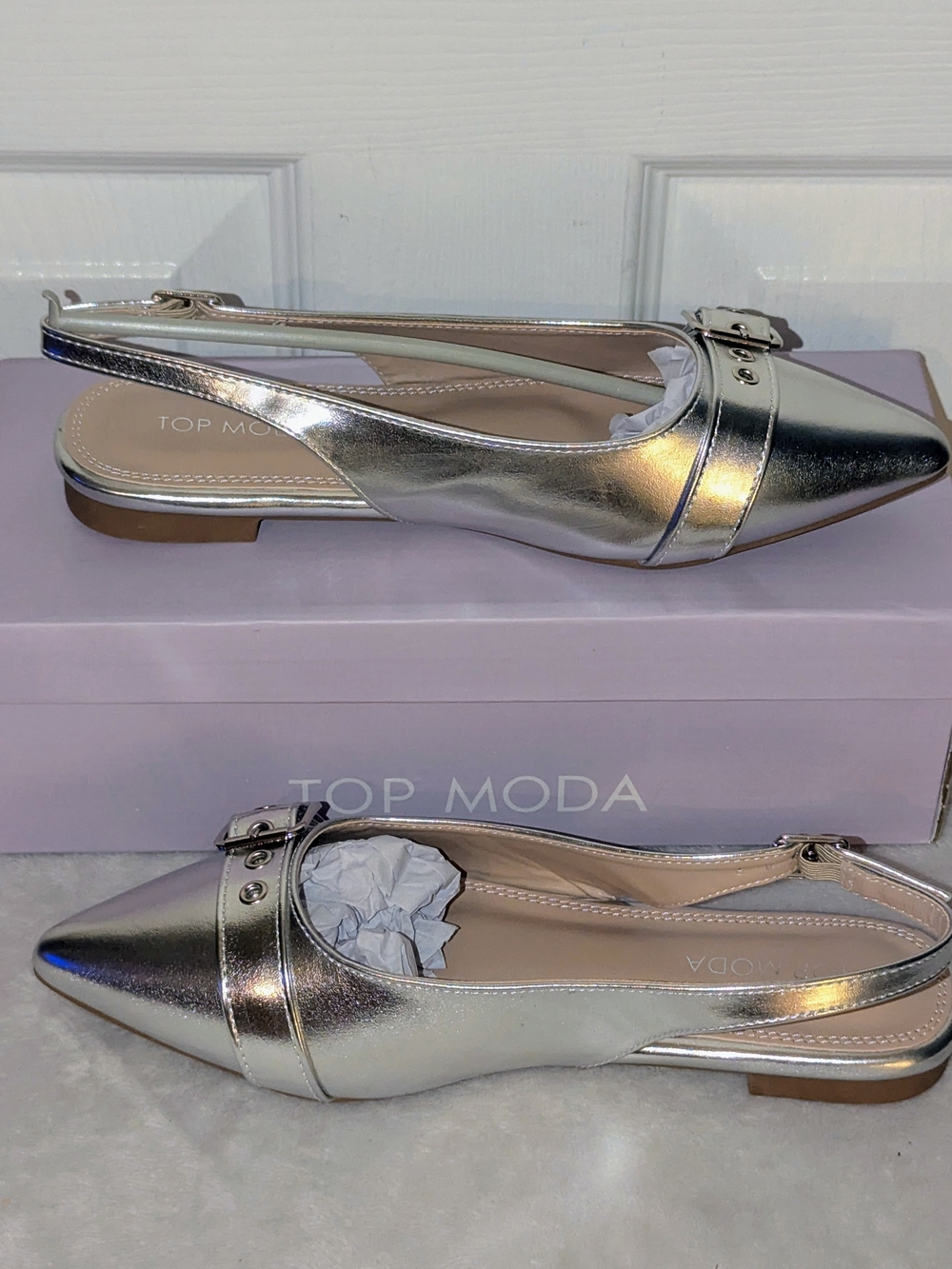 Top Moda Garner-1 Silver Metallic Pointed Toe Slingback Flats Size 7